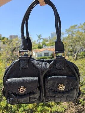 Michael Kors Vintage Black Leather Satchel Bag W/ Dual Front Pockets